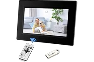 Ysguyyz Cornice Per Foto Digitali HD IPS Da 7 Pollici - Riproduzione Video 1080P, Accensione/spegnimento Automatico, Anteprima Immagine, Lettore MP3 (With 32GB USB driver,Nero)