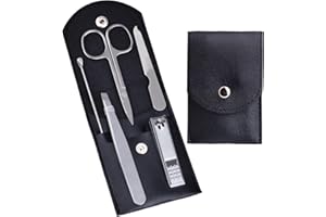 HANTEKAS Reise-Maniküre-Set, professionelles Nagelknipser-Set, 5-teilig, Edelstahl, Maniküre-Set, für Damen und Herren, mit Nagelpflegewerkzeugen, Schönheitsschere, Pinzette (Silber-Schwarz)