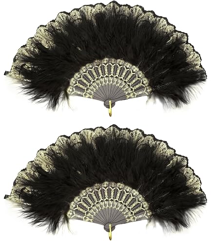 MWOOT Éventail à plumes de marabout blanches style vintage années 1920 pour costume, Halloween, danse, spectacle, thé, décoration de mariage