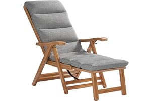SCGSJZH Fauteuil Inclinable Pliant Chaise Longue en Bois, Chaise Inclinable Réglable sur 5 Positions, Transat de Jardin avec Repose-Pieds pour Balcon Terrasse, avec Coussin