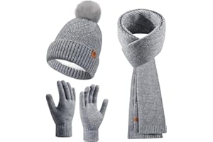 Enwokran Ensemble Bonnet écharpe et Gants D'hiver pour Femme, Bonnet à Pompon avec Doublure Polaire Chaude, écharpe Longue en Tricot, Gants pour écran Tactile Ensemble 3 en 1