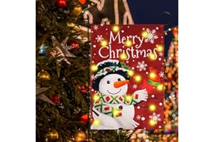 SUNBEAUTY Merry Christmas Lighted Garden Flag Solar Powered LED Flag Snowman Buffalo Plaid Welcome Flags Vertical Double Sided Burlap Yard Flag for Outdoor Yard Lawn Decorations 12.5 x 18 Inch