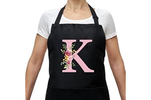 SINEKONG Delantal Cocina Mujer con Inicial y Flores, Delantales Impermeables con Bolsillos, Delantal de Barbacoa Ajustables para Cocina Café Jardinería Hornear, Regalo de Cumpleaños para Mamá Esposa Abuela K