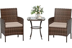 Amopatio Set Giardino Esterno 3 pezzi, Salotto da Giardino in Rattan, Mobili da Giardino 2 Poltrone e 1 Tavolino, Tavolo da Giardino con sedie per Terrazze, Balcone, Marrone