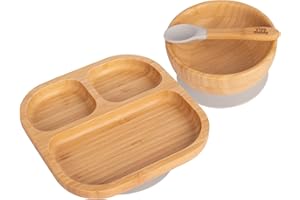 Tiny Dining Kinder Bambus Absaug- Speiseserviceset Teller, Schüssel, Löffel mit Saugnäpfen - Segmented Entwurf, umweltfreundlich - Grau