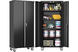 SUPEER Armario de Metal con Ruedas con Cerradura y 4 estantes Ajustables en Altura, Chapa de Acero con Recubrimiento en Polvo, Armario de Acero con Cerradura para Herramientas, Garaje