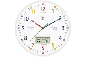 Foxtop Kids Learning Wall Clock Silent Analogue 12 Inch Teaching Clock for Classrooms Children's Room Clocks with Time Week Temperture LCD Display