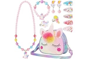 VGMANNTA Unicorno Bambina Regalo Borsetta Bambina Gioielli Bambina Unicorn Bracciale Orecchini Anelli Collana Set Accessori per Capelli Mollette per Capelli Regalo Bambina 4-8 anni Giochi Bambina-V