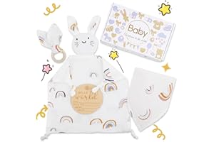 Heartsking Doudou Neonato, Set Regalo Neonato -100% Cotone Doudou, Bavaglino, Massaggia Gengive, Segno di Annuncio, Unisex Set Neonato Regalo Nascita per Neo Genitori (Bianco)
