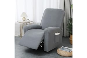 Hearda 1 Seater Jacquard Recliner Chair Cover, Recliner Slipcover for Electric Chair with Pockets, 4 Pieces Stretch Recliner Sofa Covers, Non-Slip Armchair Covers, Sofa Slipcovers Protector-Grey