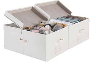 StorageWorks Extra Large Storage Boxes with Lids, 55L Clothes Storage Boxes with Double-Open Lid and Divider Board, Fabric Storage Baskets with Handles, Mixing of Beige, White & Ivory, 2-Pack