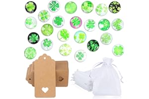 BrKern 24 Stück Vierblättriges Kleeblatt Glückssteine Sets, 25mm Glücksklee Glassteine & 24 Stück Organzasäckchen & 24 Stück Geschenkanhänger für DIY Schmuck, Gastgeschenke & Glücksbringer Silvester
