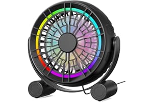 PUNOGE USB RGB Ventilador de Escritorio - Portátil Silencioso de 3 Velocidades, 8 Luces LED de Color, Rotación 360°, Pequeño para Hogar, Oficina, Mesa, Dormitorio