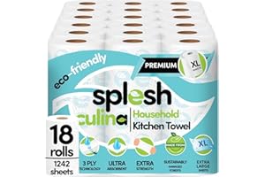 CUSHEEN Splesh Culina Kitchen Towel - 18 XL Rolls (1242 Sheets) 3 Ply Ultra Absorbent & Extra Strong, Large Eco-Friendly Household Kitchen Rolls - 69 Super Sized Triple Layered Sheets Per Roll