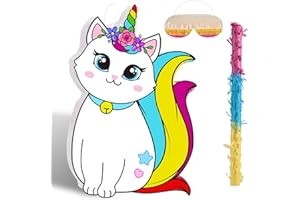 Aoriher Unicorn Cat Piñata with Blindfold and Bat, Caticorn Unicorn Cat Piñata Birthday Party Supplies for Party Favor Birthday Decorations, 16 x 11 Inch