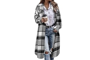 KISSMODA Womens Plaid Shacket Jacket Long Corduroy Shirts Casual Lapel Button Down Flannel Trench Coats with Side Pockets