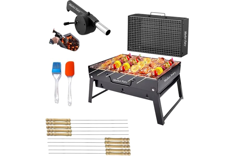 Market Fairy【NEW 2025】Portable Barbecue Grill Folding BBQ Grill,【5 Pc -Combo】【12-Stick】2-Spatula,【1-BBQ Grill】, 1-Blower, Outdoor Grill Tools for Camp