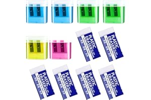 FOGCOSY 6 PCS Manual Pencil Sharpeners, Colorful Dual Holes Pencil Sharpener for Kids and 6PCS White Plastic Eraser, for Kids Students School Home Office