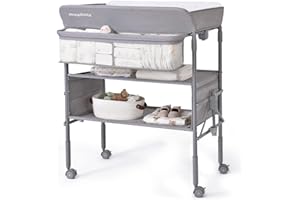 Maydolly Portable Baby Changing Table with Wheels, Foldable Diaper Changing Station, Waterproof Adjustable Height Changing Table with Nursery Organizer and Storage for Newborn and Infant (Grey)