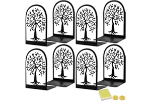 Qualsen Pack of 8 Metal Black Bookends, Bookends Made of Dense Trees, Bookends with Non-Slip, Decorative Bookends, Bookends for School, Home, Office, School Supplies