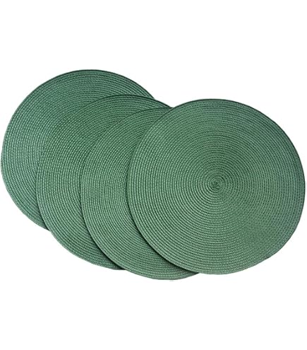 4 Round Christmas Placemats - Green & Gold With Pom Pom Design (38cm, Set Of 4)
