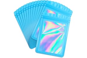 Durimoiy 100 Pack Holographic Bags, Resealable Bags for Small Business with Front Window,Sample Baggies Sealable Mylar Bags for Party Favor, Gifts Bags (4x6 Inch, Blue)