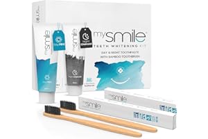 MYSMILE Teeth Whitening Toothpaste Kit (Day & Night) with 2 Bamboo Toothbrushes - Vegan - 60ml Each Aloe Vera & Activated Charcoal Toothpaste for Fresh Breath & White Teeth - Peroxide Free & Enamel Safe