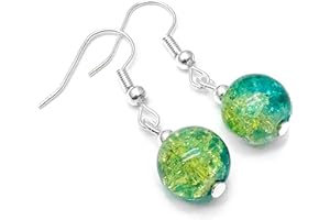VILDA JEWELLERY Sea Green and Lime Crackle Glass Bead Earrings, 10mm Round Beads on Nickel Free Silver Tone Hooks : 35mm long, Colourful Two-Tone Beaded Gift for Women