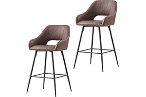AINPECCA Bar Stools Set of 2 Brown Faux Leather Barstools Breakfast Bar Stools with Arms Backs Workshop Kitchen Barstool Upholstered Seat Metal Footrest for Home Bar Counter Kitchen and Islands