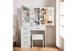 Buildonely Toaletka do makijażu z oświetleniem LED, regulowana jasność, 3 temperatury kolorów, stół do makijażu z lustrem i stołkiem, 6 szuflad, biały, 36 x 80 x 131 cm