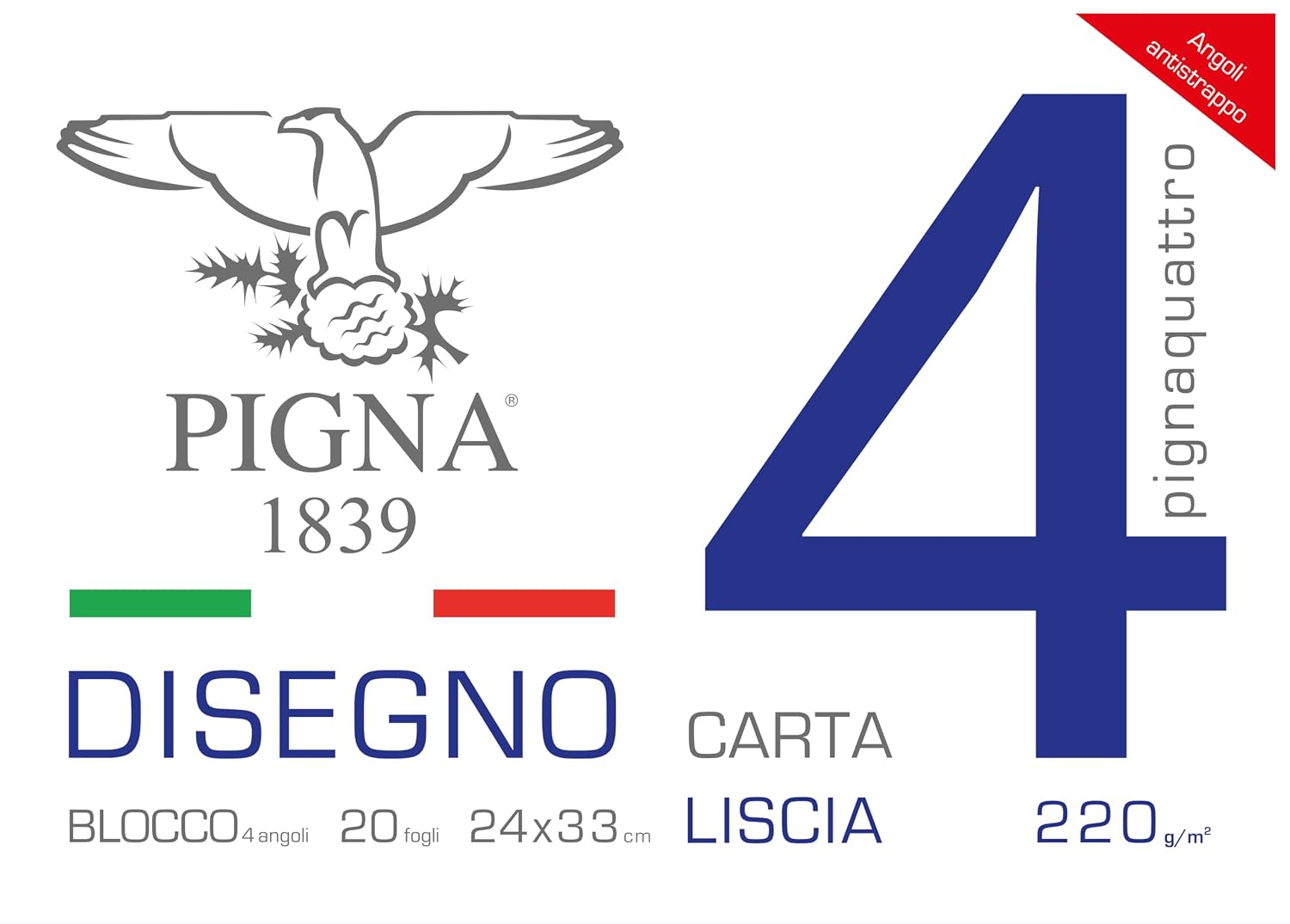 Pigna, Blocco da Disegno con 4 angoli PignaQuattro, Formato 24x33 cm., 20 Fogli da 220 g/m², Perfetto per Disegni e Schizzi, Carta Liscia, confezione 1 pezzo