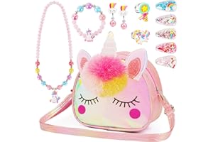 VGMANNTA Unicorno Bambina Regalo Borsetta Bambina Gioielli Bambina Unicorn Bracciale Orecchini Collana Set Accessori per Capelli Mollette per Capelli Regalo Bambina 4-8 anni Giochi Bambina-Rosa05S