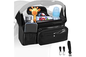 BugyKido Borsa organizer per carrozzina, organizer per passeggino, organizer multifunzione per passeggino con tasca rimovibile, 2 portabicchieri, tasca per cellulare, tracolla, 2 ganci, adatta per