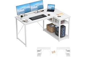 TRIUMPHKEY Escritorio Esquinero en L de 140x80 cm con Almacenamiento, Escritorio de Esquina con Estante Reversible, Estable Mesa Ordenador en L para Oficina, Estudio o Secretaría, Blanco