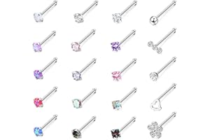 ADRAMATA 20 Pezzi 20G Piercing Naso Acciaio Chirurgico Naso Stud Set Diamante Opale CZ Nostril Piercing Gioielli per Donna Uomo Vite/Dritto/L Forma Naso Anelli Piercing Gioielli Multicolore