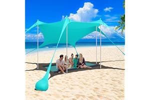 IKKLE Beach Shelter Canopy, Family Beach Tent Canopy Sun Shade UPF50+, 3.2x3.2M Anti-Wind Sun Shelter with 6 Sandbags, 4 Stability Poles, Outdoor Beach Shade for Camping, Fishing, Picnics