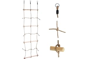 The Magic Toy Shop Rope Ladder Climbing Net for Kids – Safe & Sturdy Cargo Net with Wooden Rungs & Hanging Rings – Outdoor Playground Equipment, Treehouse Accessories, Swing Frame Attachment