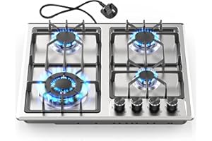 Noxton Gas Hob 4 Burner, 60cm Gas Hob Plug & Go, Stainless Steel Easy to Clean, Cast Iron Pan Support, Flame Out Protection Prevent Gas Leakage, LPG/NG Kit, 59cm x 51cm