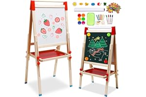 NUKDEY 3 in 1 Lavagna per Bambini con Cavalletto Artistico in Legno, Lavagna Doppia Faccia, Pittura in Regolabile Altezza con Rotolo di Carta, Lavagna Bianca, Numeri e Altri accessori