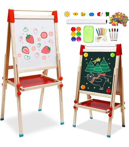 Cavalletto Artistico Bifacciale GYMAX Per Bambini - Lavagna Gessetto/Magnetica, Rotante 360°, Con Accessori