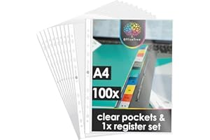 OfficeTree 100x Punched Pockets A4 - Crystal Clear Plastic Wallets A4 Punched incl. 1 to 12 Register - Strong Plastic Sleeves for Documents - Document Wallets - Poly Pockets Stationary