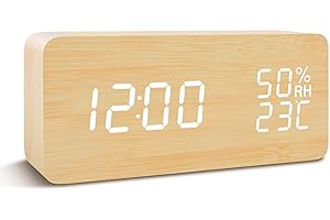 Tanouve Sveglia LED in Legno, Wood Cube Sveglia da Tavolo Digitale, 3 Set di Allarme, Doppia Alimentazione, Controllo Vocale, Visualizzazione di Ora/Settimana/Data/Temperatura/umidità