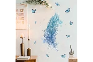ANHUIB Autocollant Muraux de Plumes,Stickers Muraux Plume Bleu,Sticker Mural Papillon pour Salon,Aquarelle Sticker Mural Plumes pour Chambre à Coucher,Autocollants Décoratifs Bleus de Chambre D'enfant
