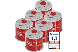 EVOCAMP Cartucce di Gas butano da 500g, Cartuccia a Vite con Gas butano/propano 899 ml, Cartuccia di Gas Conforme alla Norma EN 417, Cartuccia di Gas Adatta per Gas da Campeggio (6X)
