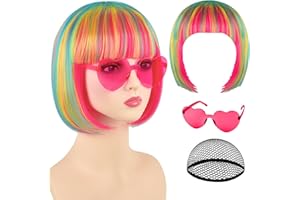 PLULON Pink Blue Bob Wig with Heart Sunglasses and Hair Cap, Colorful Short Bob Wigs Synthetic Party Wigs Funny Cosplay Hairpieces for Women Men Daily Bachelorette Halloween Costume Party Decorations