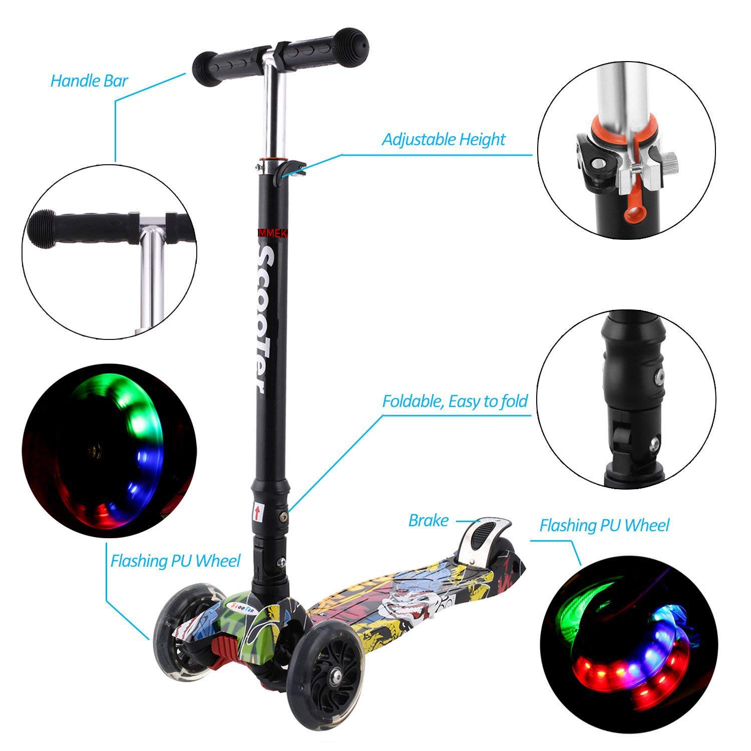 IMMEK-Trottinette-Enfant--partir-de-3--12-Ans-Pliable-Charge-Jusqu-50-kg-avec-Guidon-anodis-rglable-en-Hauteur-et-Roues--LED-Clignotantes