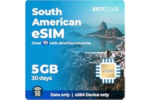 EIOTCLUB Prepago eSIM de América del Sur 5 GB 30 días | 5G de alta velocidad | solo datos | Compatible con intercambio de puntos calientes | recargable