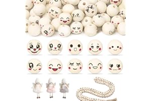 IFQKNUYL 100 Stück Holzperlen mit Gesicht, 20mm Holzkugeln mit Loch, 10 Stile Holzperlen zum Auffädeln, Holzköpfe für Sorgenwurm, Holzperlens Natur Runde für DIY Bastelarbeiten Dekorationen, Glückswürmchen