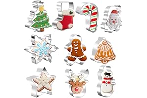 PTAIZJJZ Lot de 10 emporte-pièces de Noël en acier inoxydable, arbre, pain d'épices, père Noël, bonhomme de neige, renne, flocon de neige, canne en bonbon, étoile, cloche, chaussettes, biscuit de Noël