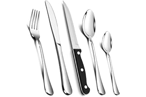 24 Piece Cutlery Sets with 6 Piece Steak Knives, Homikit Stainless Steel 30-Piece Silver Cutlery Flatware Set, Dinnerware Fork Knife Spoon Set Service for 6, Mirror Finished & Dishwasher Safe